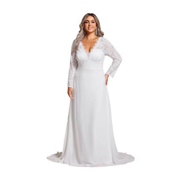 Wedding Dress White Long Sleeve Embroidered Floor Length Plus Size 24 Bodycon - Picture 1 of 4